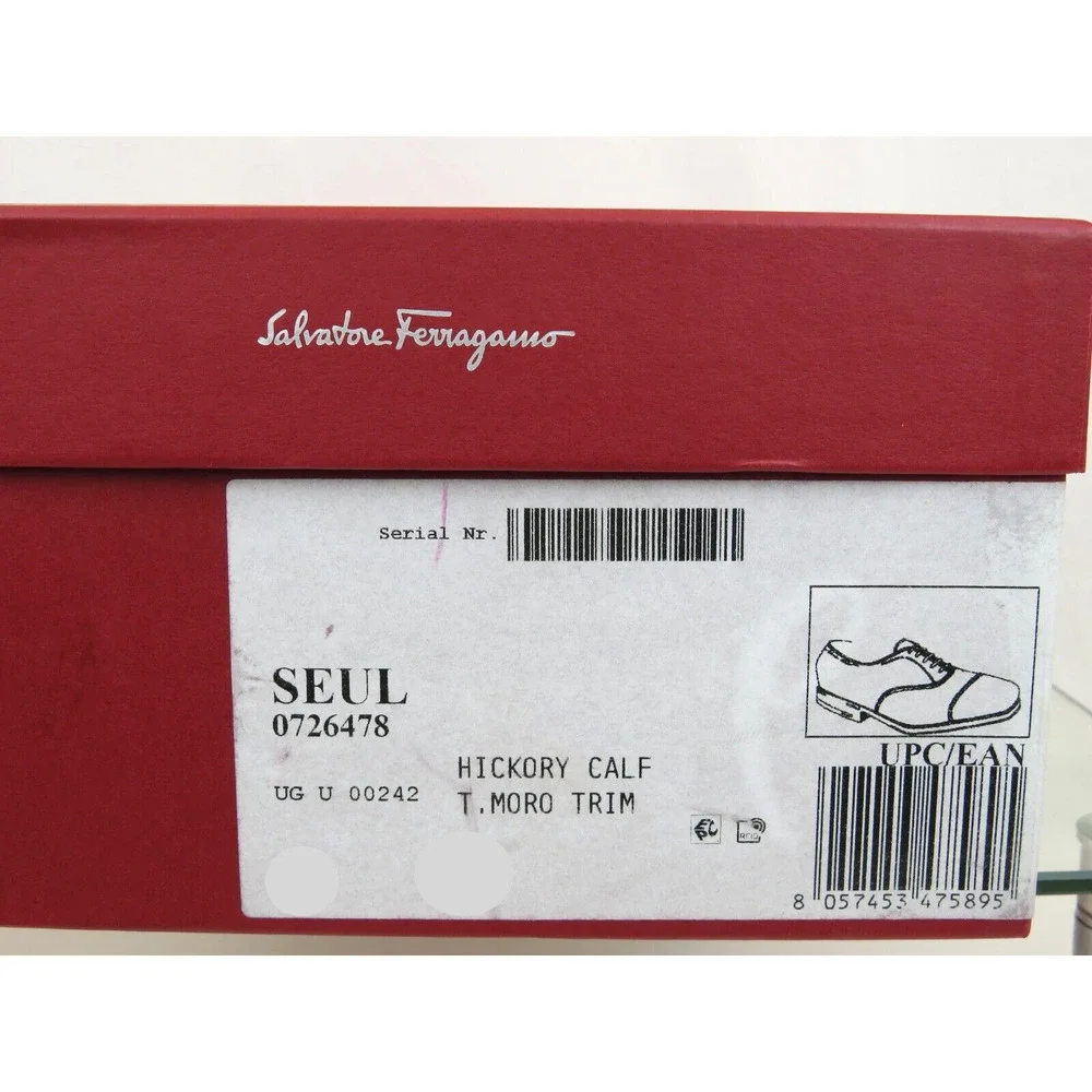 NIB FERRAGAMO SEUL DARK BROWN POLISHED LEATHER CAP TOE LOGO OXFORDS 12 D
